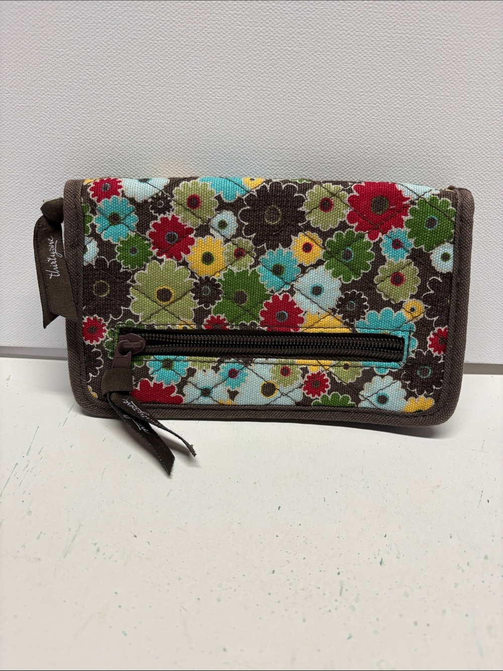 Thirty-One Brown Quilted Floral Wallet with Multicolor Blooms
